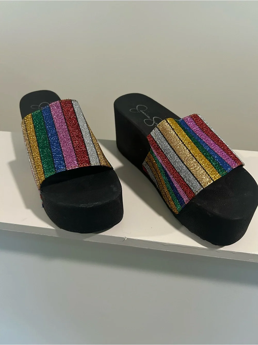 Jessica Simpson Multicolor Glitter Stripe Slide Sandals size 7